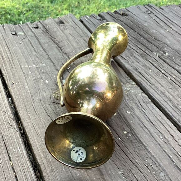 Vintage Brass Pitcher Vase India Bud Flower Vase with Handle Decor - Picture 3 of 4